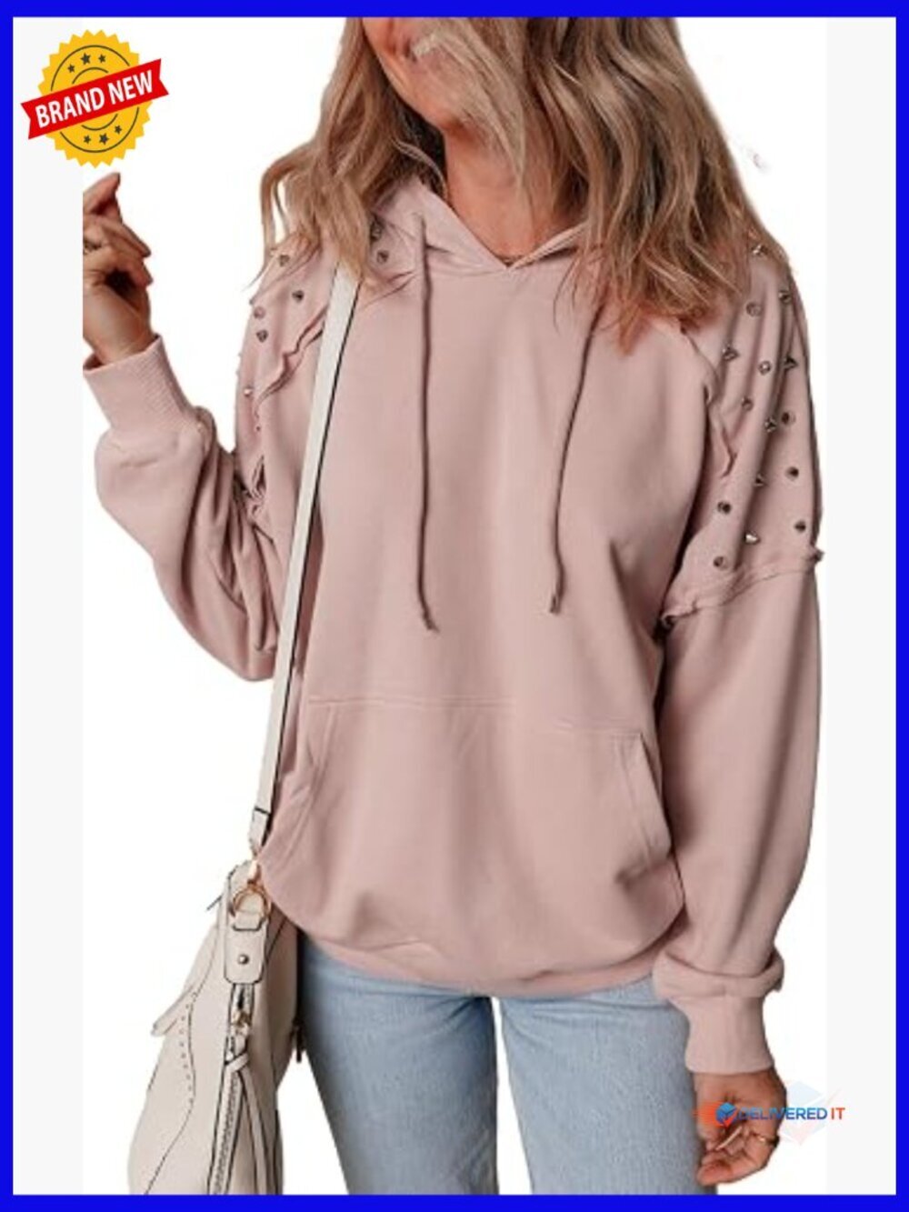 Long Sleeve Hoodie with Stud Details and Kangaroo Pocket